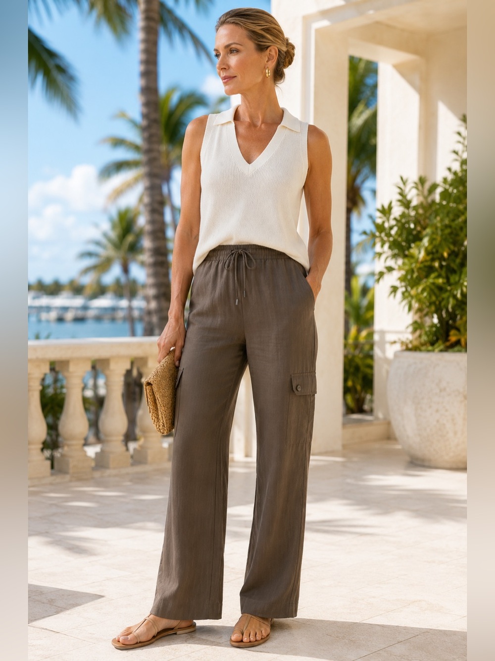 St. John Linen Blend Wide Leg Cargo Pants Brown Drawstring High Rise S